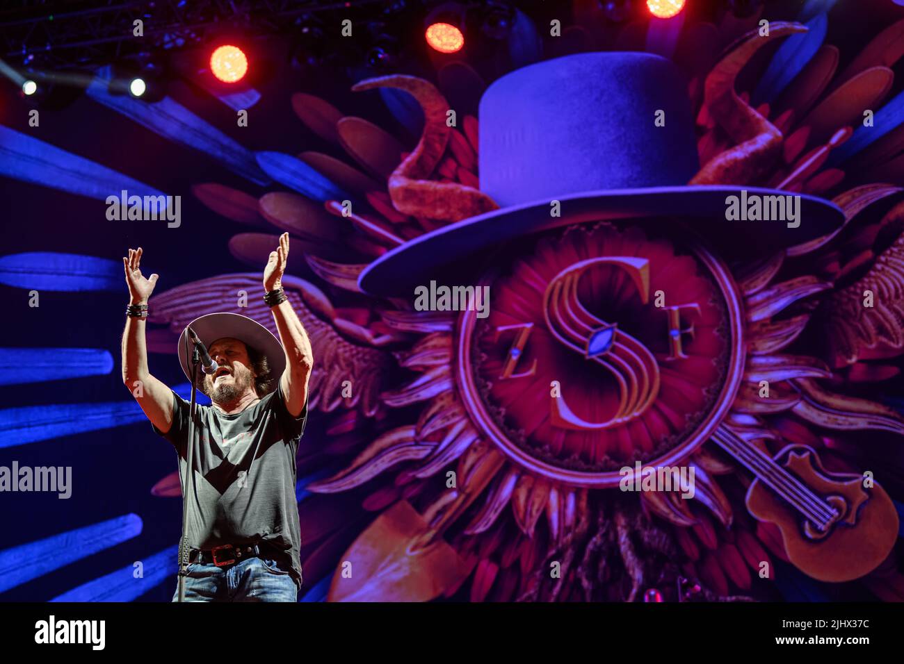 LUCCA, Italy. 20th July, 2022. Zucchero performs in concert in front of thousands of people on the historic city walls of lucca during the lucca summer festival. Credit: Stefano Dalle Luche/Alamy Live News Stock Photo