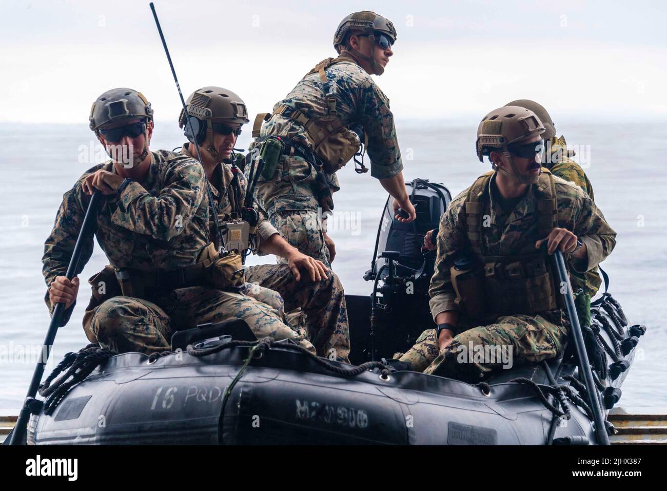 Pacific Ocean. 14th July, 2022. Marines assigned to Explosive Ordnance Disposal (EOD) Mobile Unit 1 prepare to launch a combat rubber raiding craft (CRRC) from the well deck of San Antonio-class amphibious transport dock ship USS Portland (LPD 27) for a raise-tow-beach (RTB) mine exploitation exercise as part of Rim of the Pacific (RIMPAC) in Southern California. Twenty-six nations, 38 ships, four submarines, more than 170 aircraft and 25,000 personnel are participating in RIMPAC from June 29 to Aug. 4 in and around the Hawaiian Islands and Southern California. The world's largest internati Stock Photo