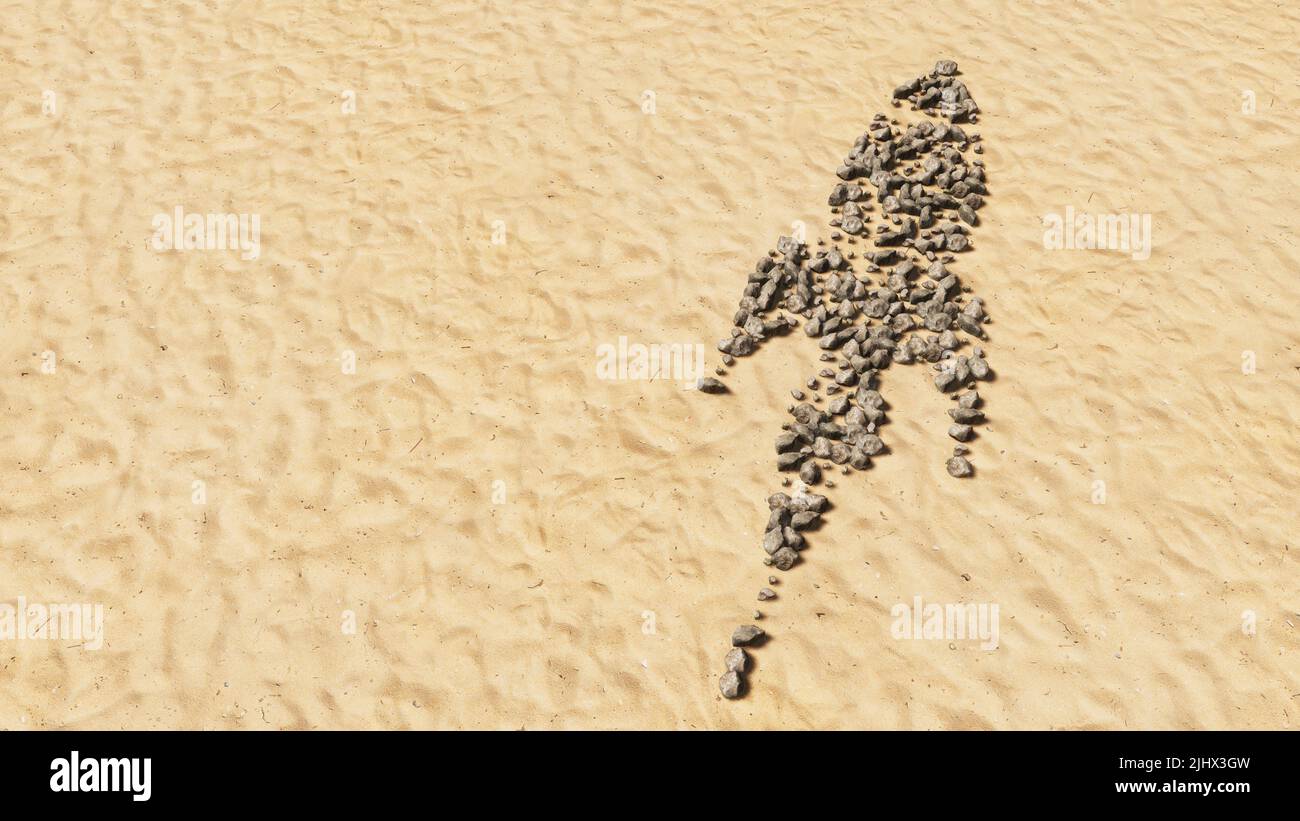 Concept conceptual stones on beach sand handmade symbol shape, golden sandy background, sign of a rocket. 3d illustration metaphor for innovation Stock Photo