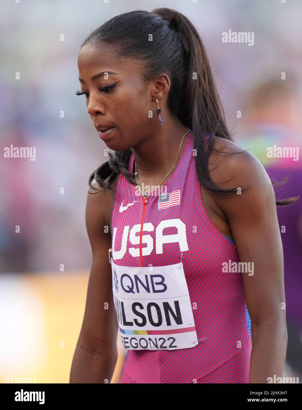 Eugene, USA. 20th July, 2022. Britton Wilson of the United States reacts after the women's 400m hurdles semifinal at the World Athletics Championships Oregon22 in Eugene, Oregon, the United States, July 20, 2022. Credit: Wang Ying/Xinhua/Alamy Live News Stock Photo