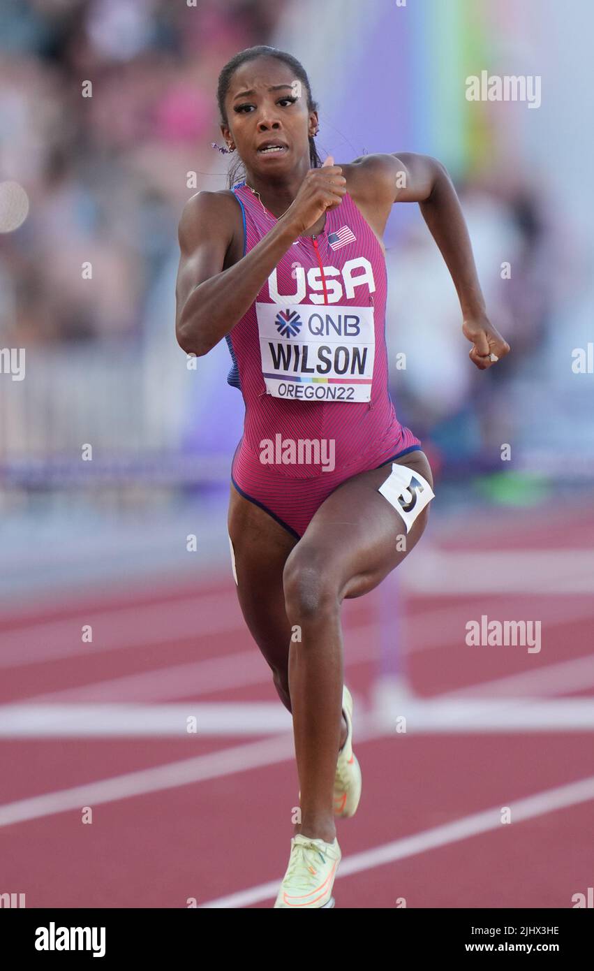 Eugene, USA. 20th July, 2022. Britton Wilson of the United States competes during the women's 400m hurdles semifinal at the World Athletics Championships Oregon22 in Eugene, Oregon, the United States, July 20, 2022. Credit: Wang Ying/Xinhua/Alamy Live News Stock Photo