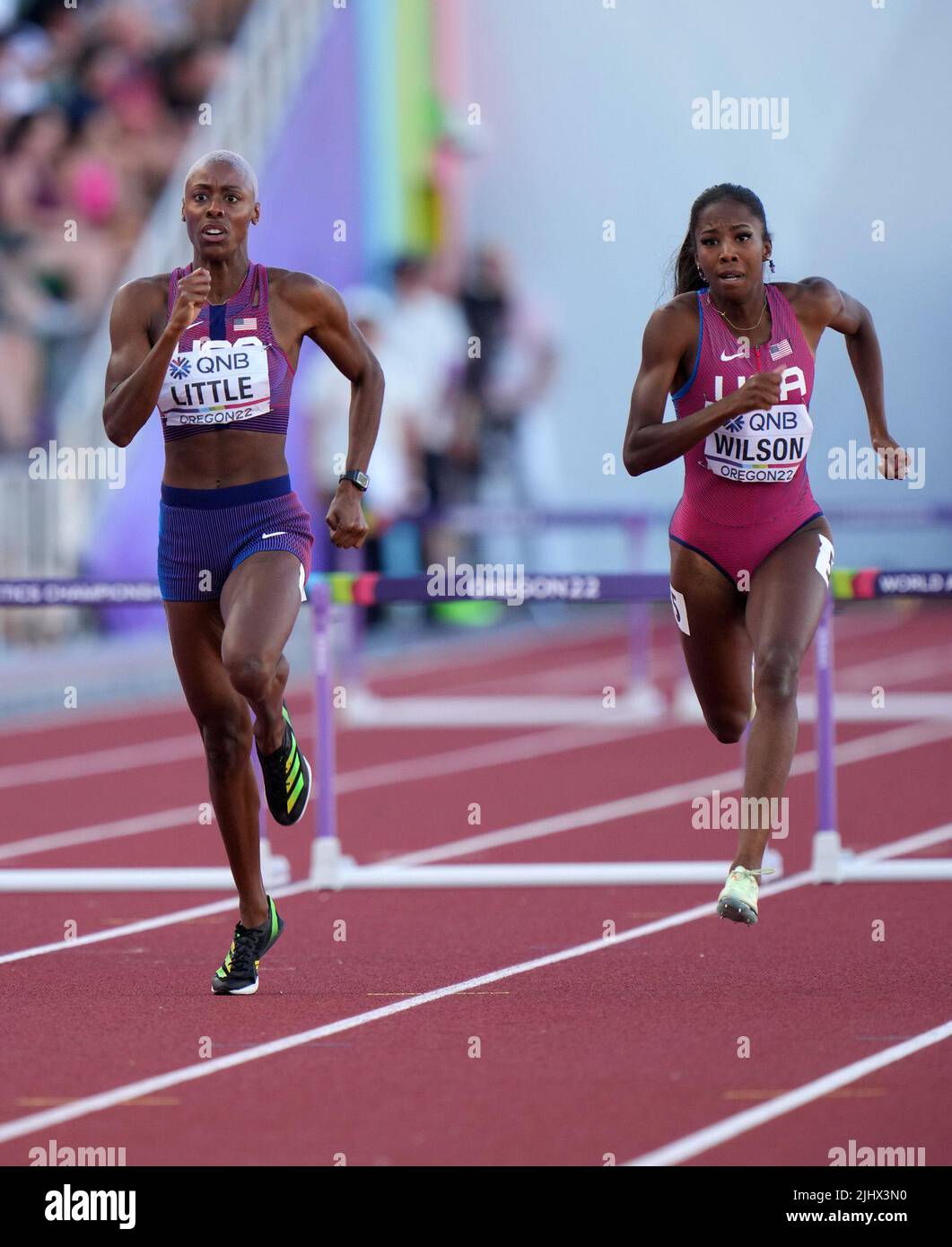 Eugene, USA. 20th July, 2022. Britton Wilson (R) of the United States competes with her compatriot Shamier Little during the women's 400m hurdles semifinal at the World Athletics Championships Oregon22 in Eugene, Oregon, the United States, July 20, 2022. Credit: Wang Ying/Xinhua/Alamy Live News Stock Photo