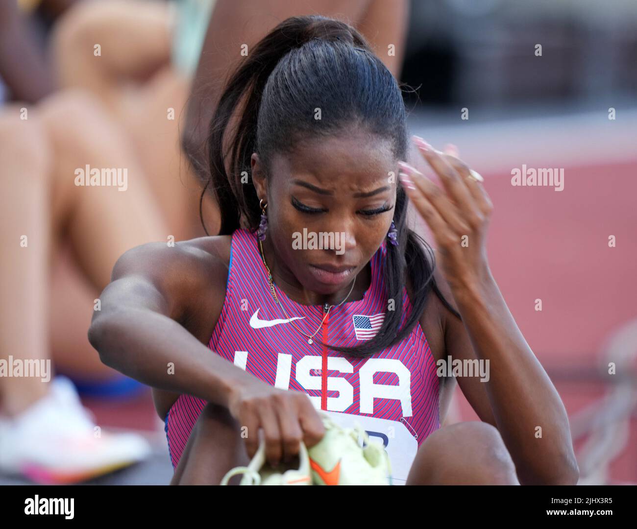 Eugene, USA. 20th July, 2022. Britton Wilson of the United States reacts after the women's 400m hurdles semifinal at the World Athletics Championships Oregon22 in Eugene, Oregon, the United States, July 20, 2022. Credit: Wang Ying/Xinhua/Alamy Live News Stock Photo
