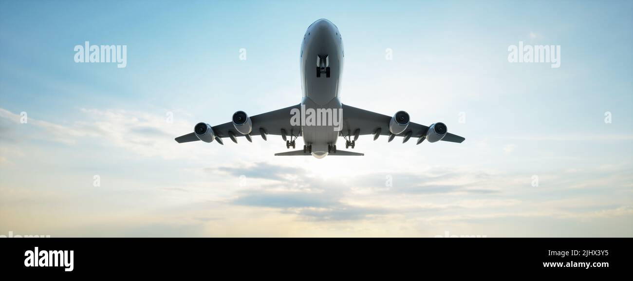 Conceptual flying white passenger jetliner, commercial plane after take off rising over a beautiful sky background. 3D illustration for jet transport Stock Photo