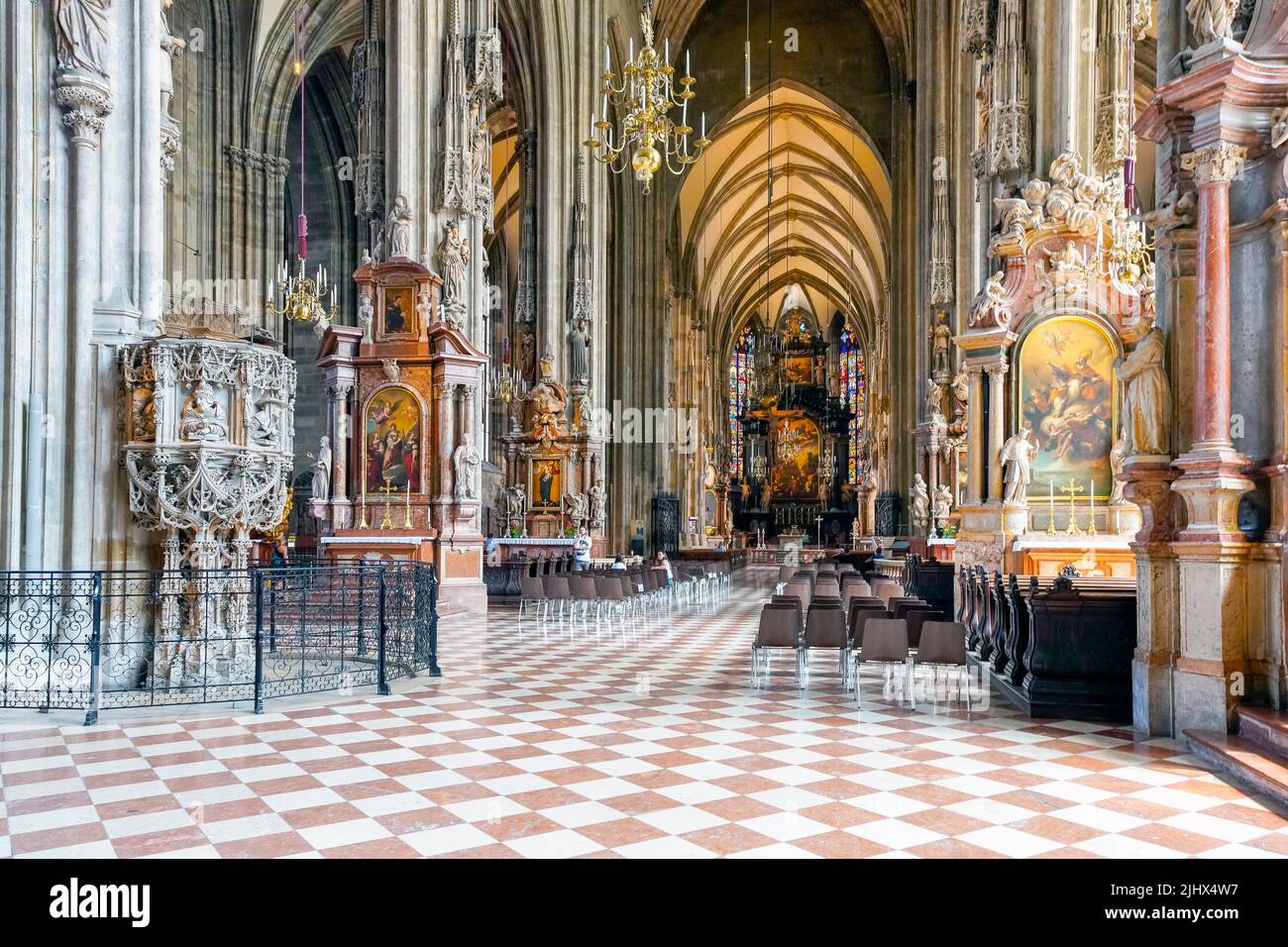Inside St. Stephen's Cathedral in Vienna, Austria. The Cathedral is the mother church of the Roman Catholic Archdiocese of Vienna and the seat of the Stock Photo