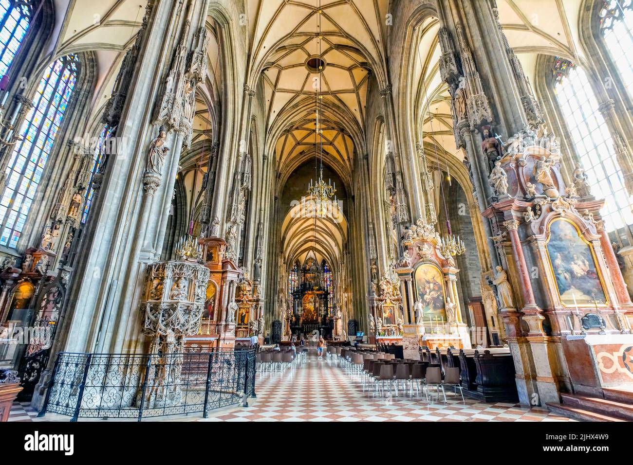 Inside St. Stephen's Cathedral in Vienna, Austria. The Cathedral is the mother church of the Roman Catholic Archdiocese of Vienna and the seat of the Stock Photo