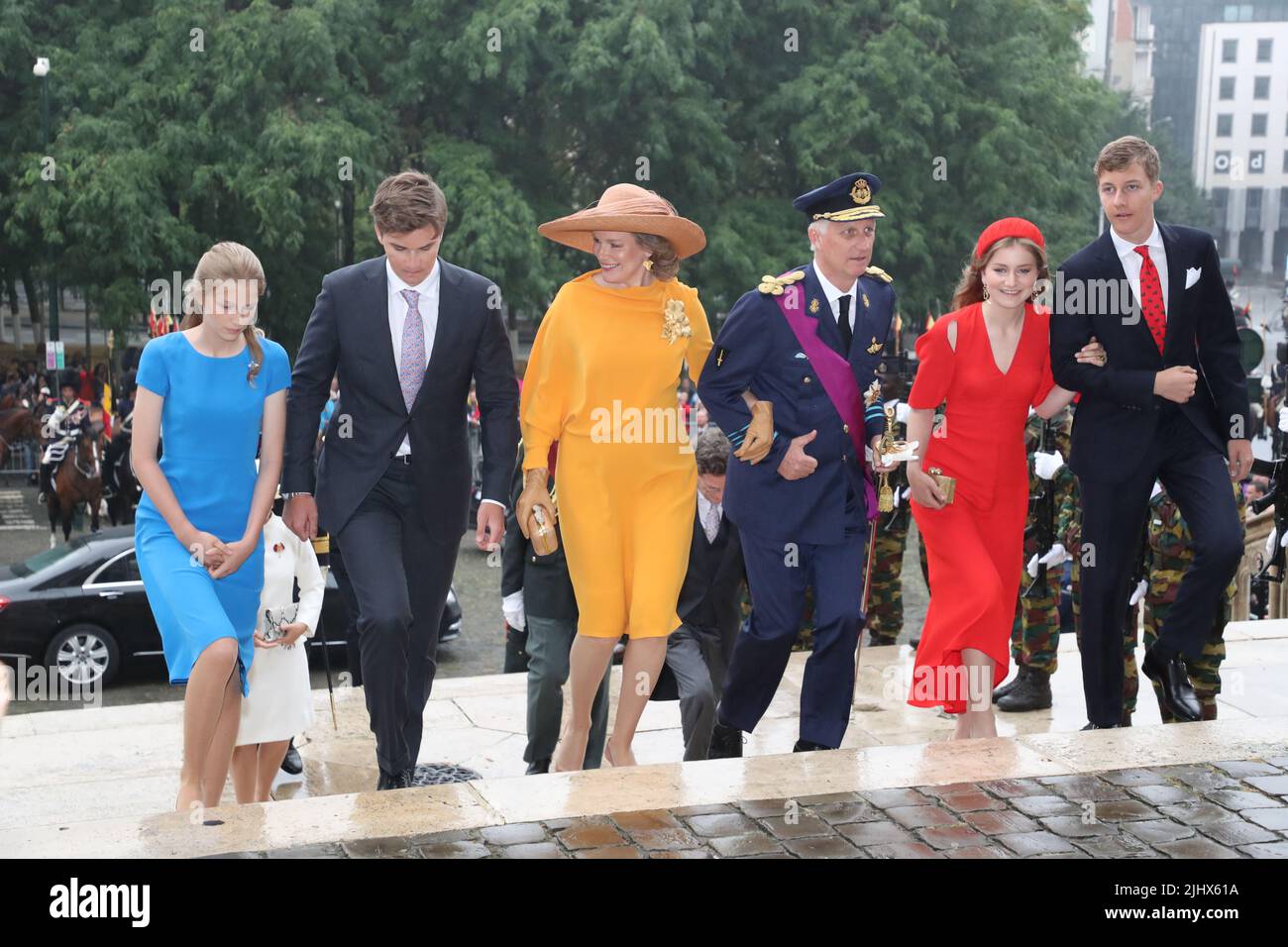 Princess Eleonore, Prince Gabriel, Queen Mathilde of Belgium, King Philippe - Filip of Belgium, Crown Princess Elisabeth and Prince Emmanuel arrive for the Te Deum mass, on the occasion of the Belgian National Day, at the Saint Michael and Saint Gudula Cathedral (Cathedrale des Saints Michel et Gudule / Sint-Michiels- en Sint-Goedele kathedraal) in Brussels, . BELGA PHOTO NICOLAS MAETERLINCK Stock Photo