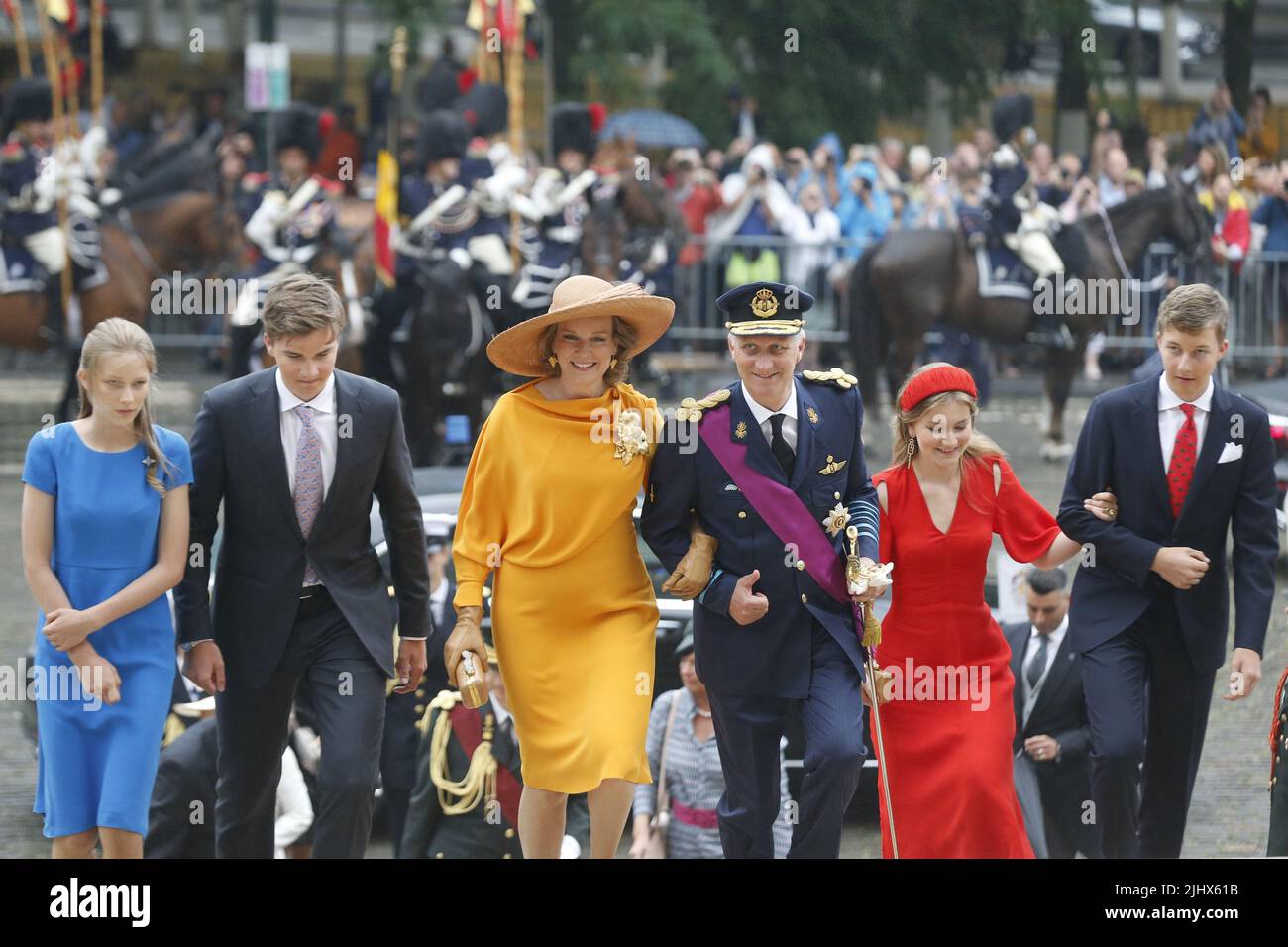 Princess Eleonore, Prince Gabriel, Queen Mathilde of Belgium, King Philippe - Filip of Belgium, Crown Princess Elisabeth and Prince Emmanuel arrive for the Te Deum mass, on the occasion of the Belgian National Day, at the Saint Michael and Saint Gudula Cathedral (Cathedrale des Saints Michel et Gudule / Sint-Michiels- en Sint-Goedele kathedraal) in Brussels, Thursday 21 July 2022. BELGA PHOTO NICOLAS MAETERLINCK Stock Photo