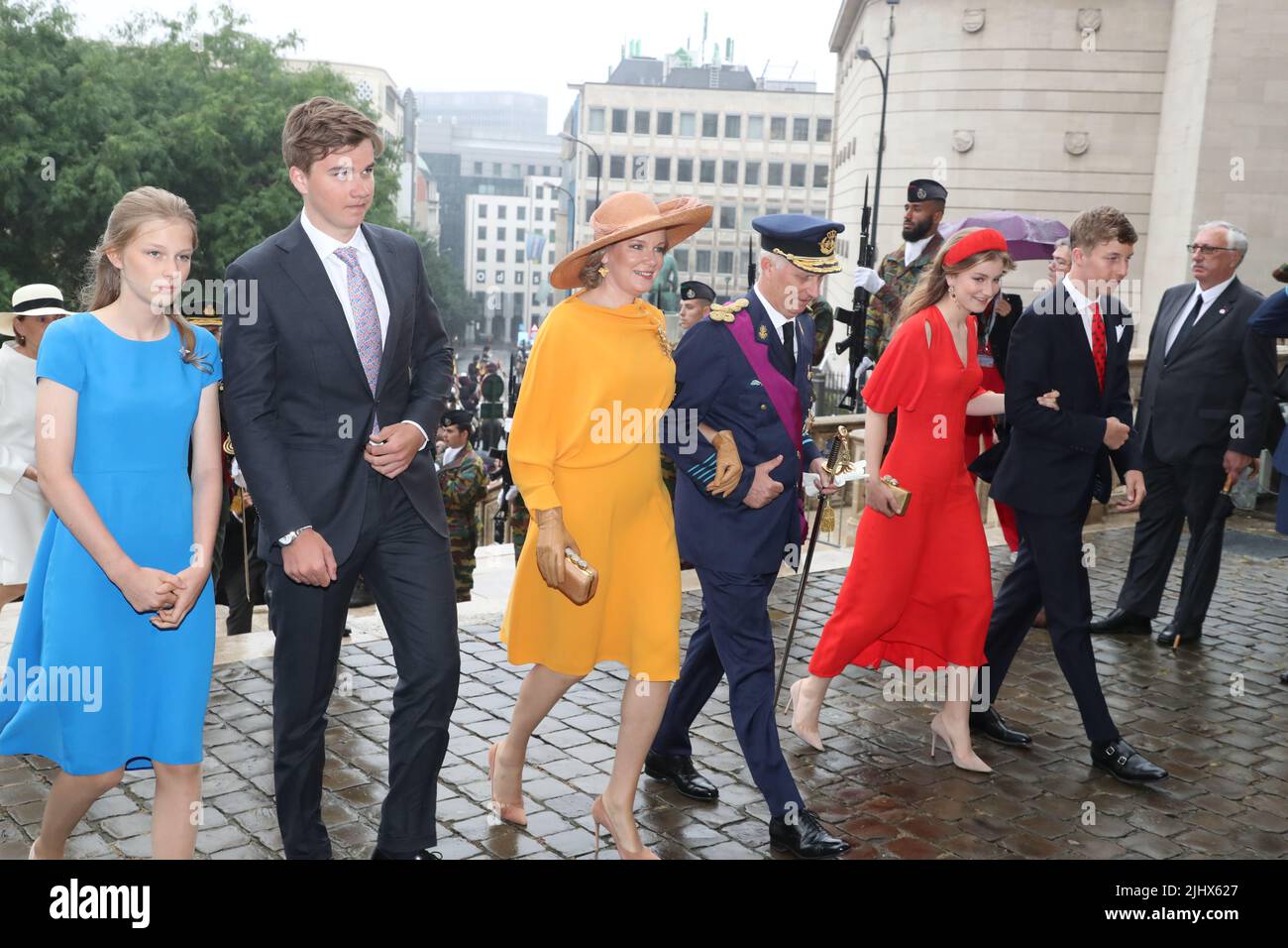 Princess Eleonore, Prince Gabriel, Queen Mathilde of Belgium, King Philippe - Filip of Belgium, Crown Princess Elisabeth and Prince Emmanuel arrive for the Te Deum mass, on the occasion of the Belgian National Day, at the Saint Michael and Saint Gudula Cathedral (Cathedrale des Saints Michel et Gudule / Sint-Michiels- en Sint-Goedele kathedraal) in Brussels, . BELGA PHOTO NICOLAS MAETERLINCK Stock Photo