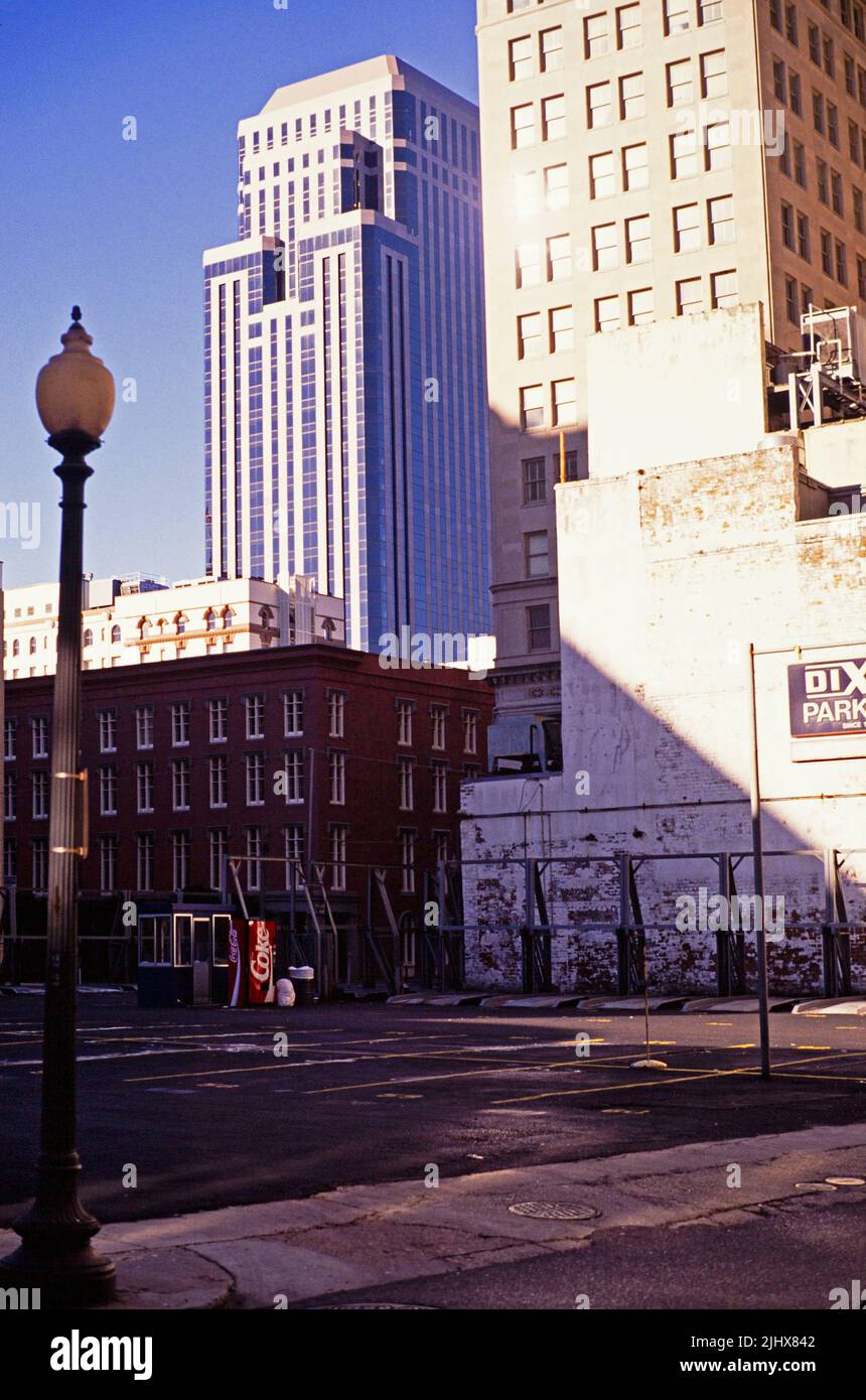 Contrast between old and modern buildings in central business district, New Orleans, Louisiana, USA 1989 Stock Photo