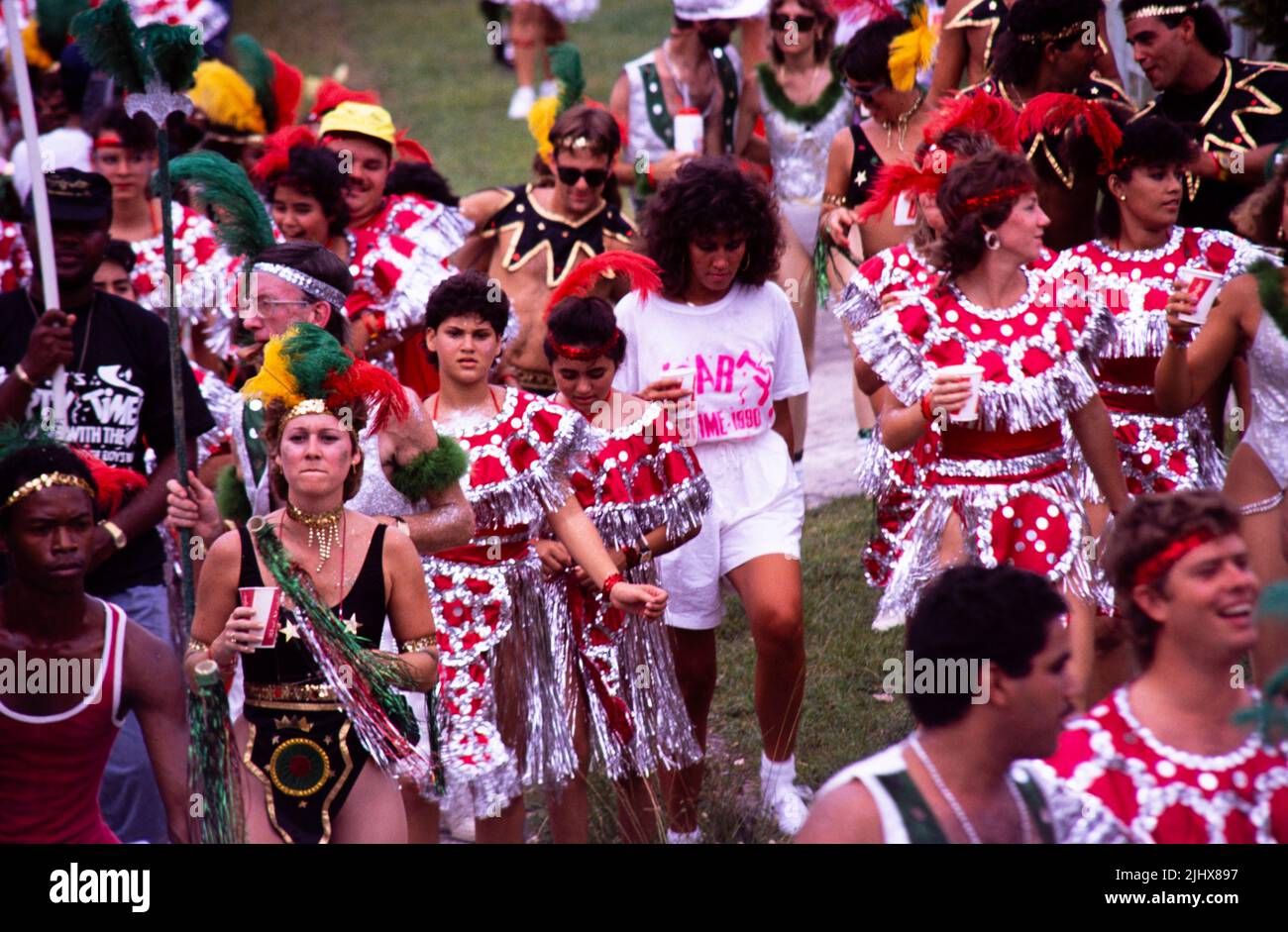 People in procession dancing on streets at Easter carnival, Kingston