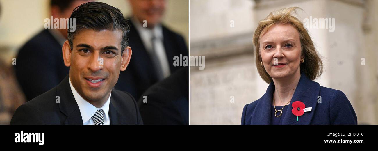 Undated file photos of Rishi Sunak and Liz Truss who have made it through to the final two in the Tory leadership race. Stock Photo