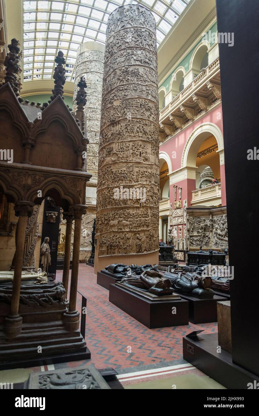 Trajan's Column in the Cast Collection, opened in 1873, the Cast Courts display copies of some of the world's most significant works of art reproduced Stock Photo