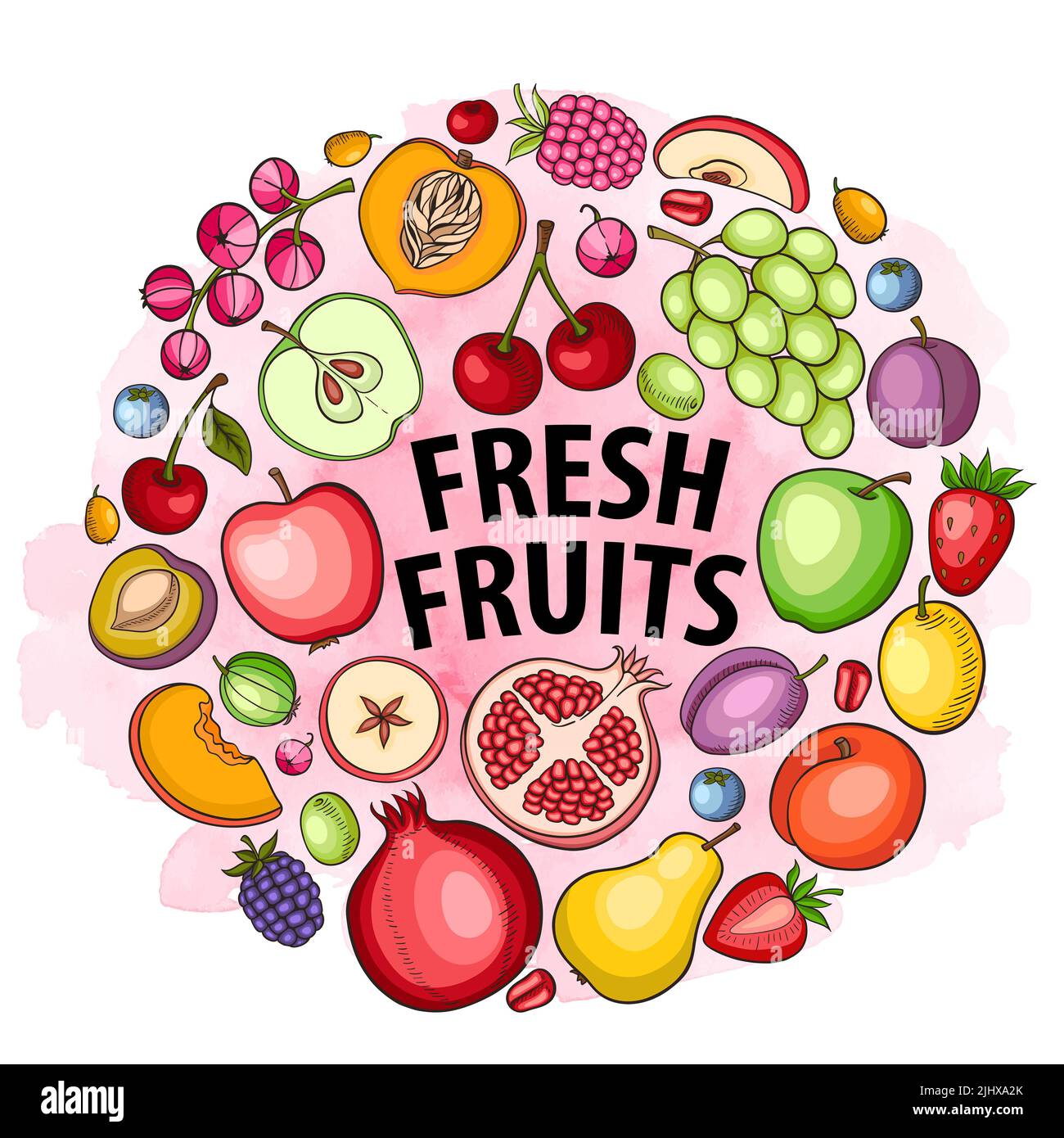 Fresh fruit on a round pink watercolor background. Healthy eating and ...