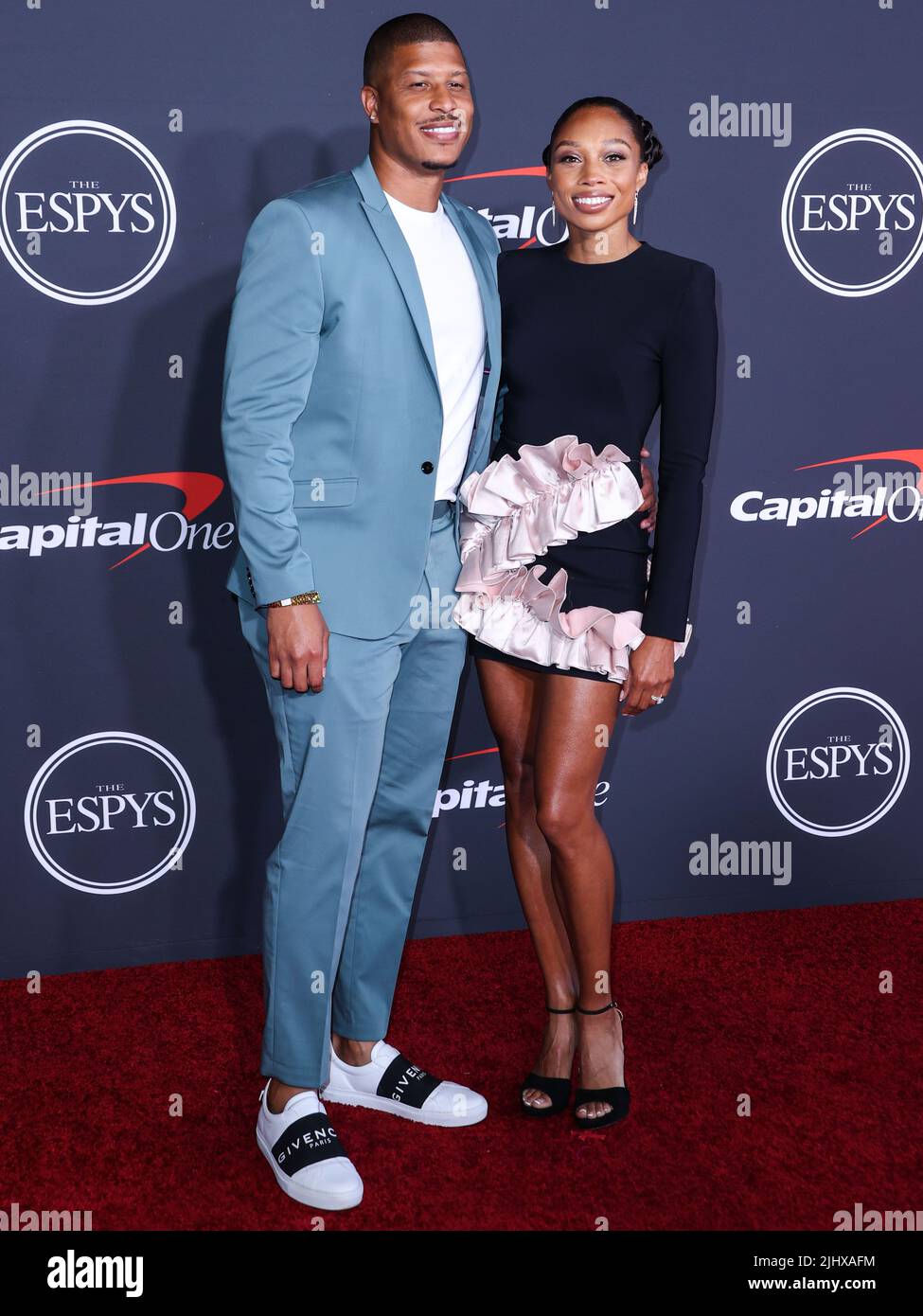 HOLLYWOOD, LOS ANGELES, CALIFORNIA, USA - JULY 20: Kenneth Ferguson and wife/American track and field athlete Allyson Felix arrive at the 2022 ESPY Awards held at the Dolby Theatre on July 20,