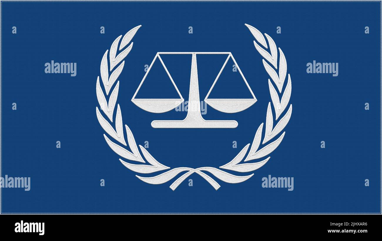 ICCT - International Criminal Court (Tribunal) embroidery flag. Emblem stitched fabric. Embroidered coat of arms. Country symbol textile background. Stock Photo