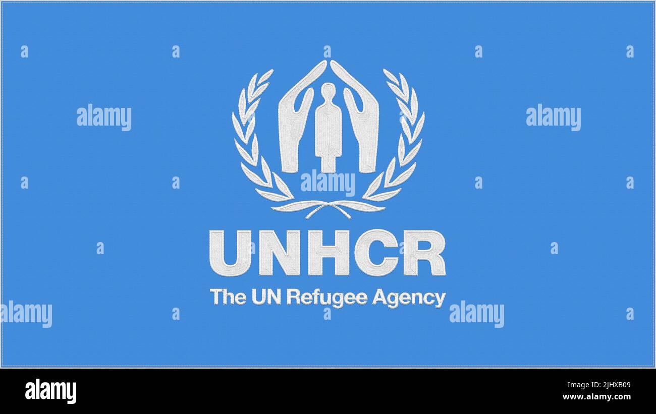 UNHCR - The United Nations High Commissioner for Refugee embroidery flag. Emblem stitched fabric. Embroidered coat of arms. Country symbol textile bac Stock Photo