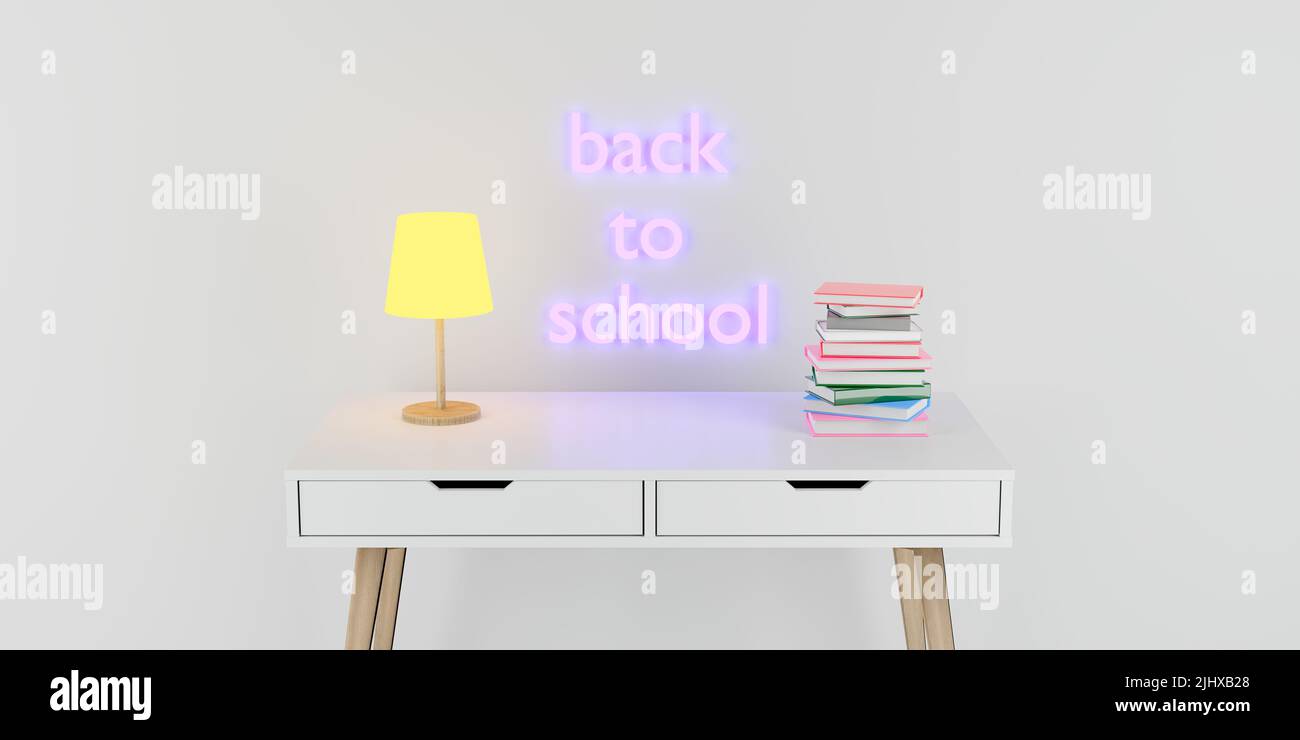 A modern child's desk with lamp and stack of books and Back to School