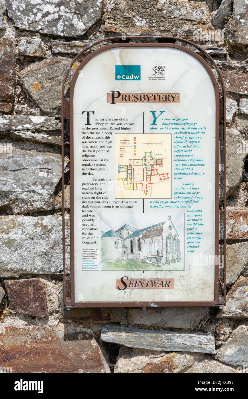 St Dogmael Ceredigion Wales UK July 13 2022 St Dogmaels Prebytery site information board with layout plan and history Stock Photo