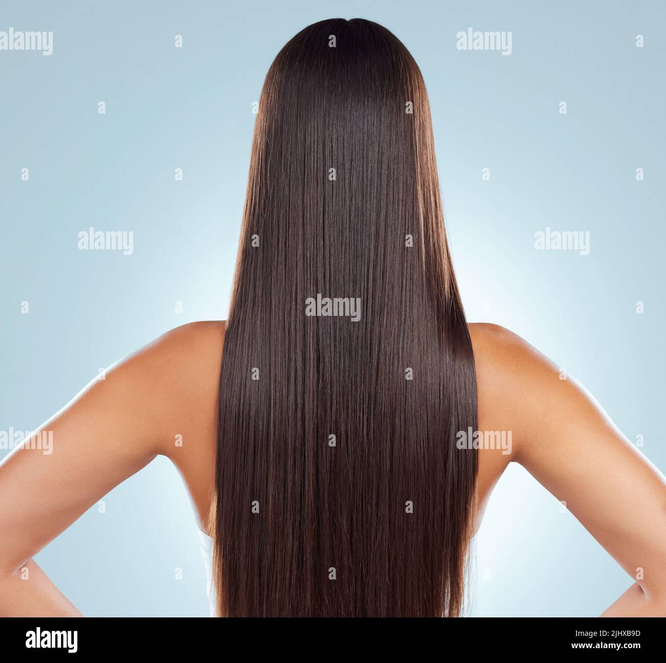 Rear view of a brunette woman with long lush beautiful hair posing ...