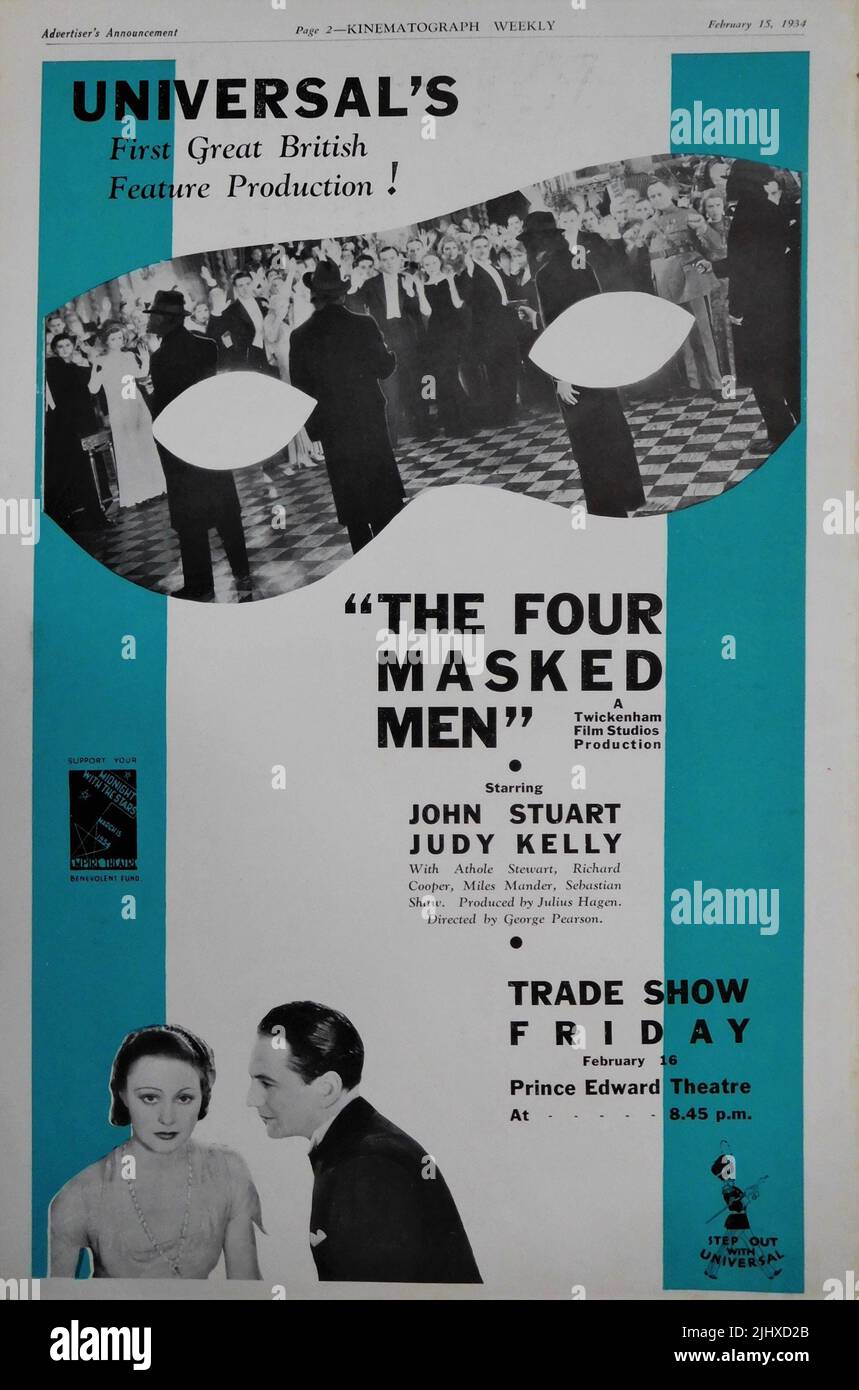 Universal's First Great British Feature Production ! JOHN STUART JUDY KELLY MILES MANDER and SEBASTIAN SHAW in THE FOUR MASKED MEN 1934 director GEORGE PEARSON from play The Masqueraders by Cyril Campion screenplay Cyril Campion and H. Fowler Mear producer Julius Hagen Real Art Productions / Universal Pictures Stock Photo