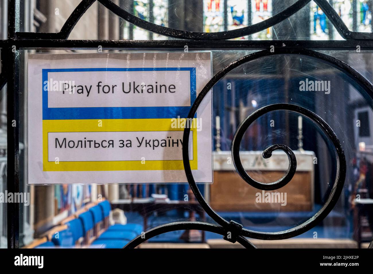 A sign in Perth cathedral reads Pray for Ukraine. Stock Photo