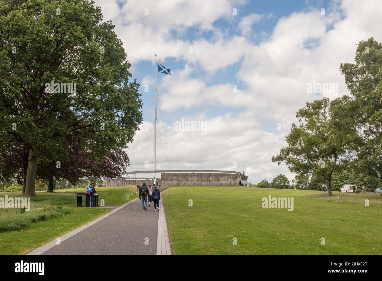 The Scottish flag flying over the monument at the site of the Battle of Bannockburn outside Stirling, Scotland. Stock Photo