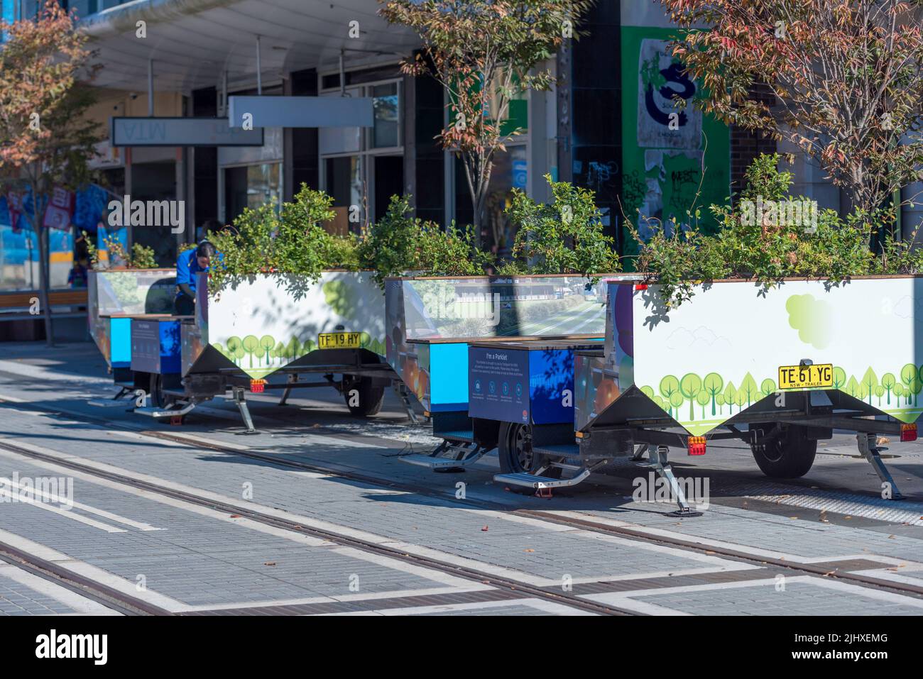 Parklets are trailer-mounted seating and gardens provided by Transport for New South Wales during the construction of the Parramatta Light Rail Stock Photo
