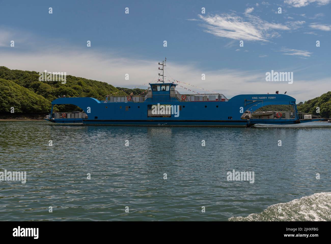 Feock, Truro, Cornwall, England, UK. 2022. Blue  painted vehicle ferry on the River Fal in Cornwall, UK. The King Harry. Stock Photo
