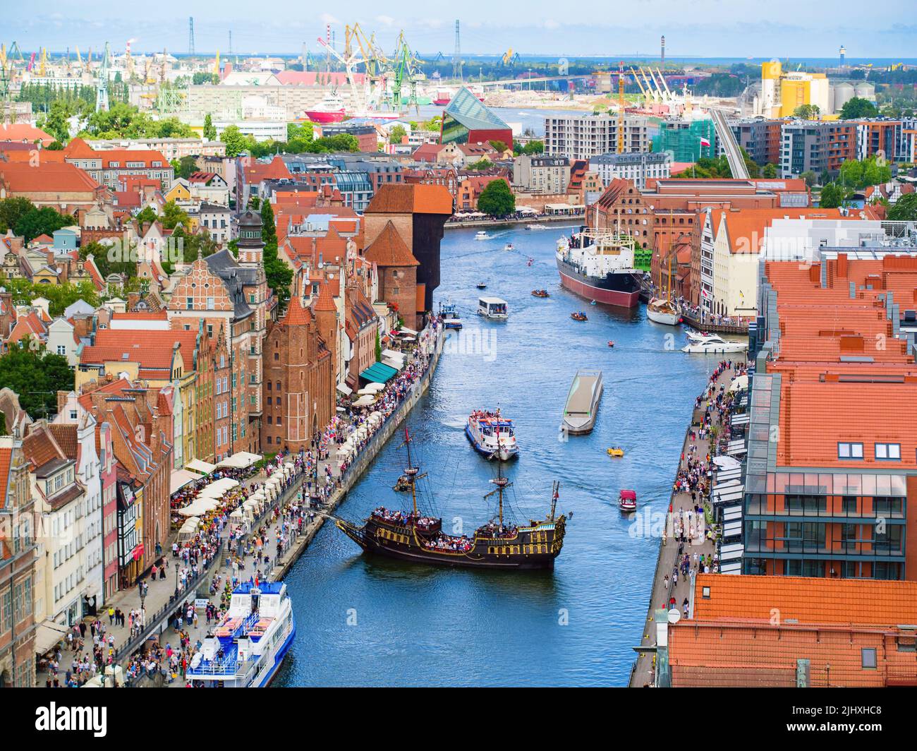 Tourist destination of Gdansk, old buildings in downtown by Motlawa river, aerial landscape Stock Photo