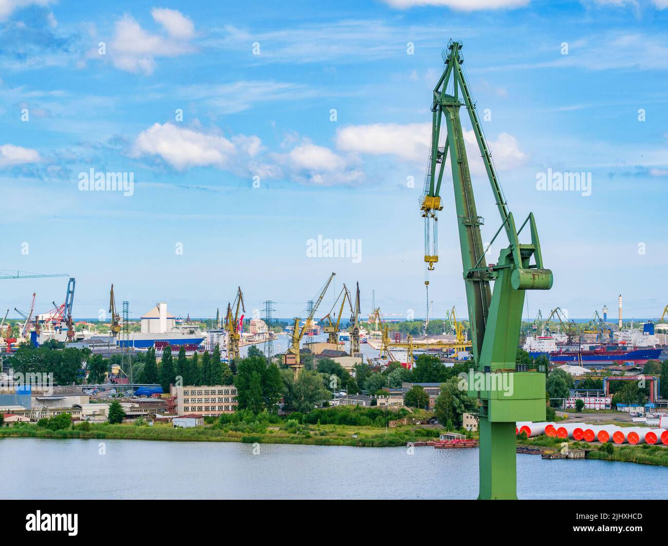 Cranes in Gdansk shipyard, aerial landscape Stock Photo