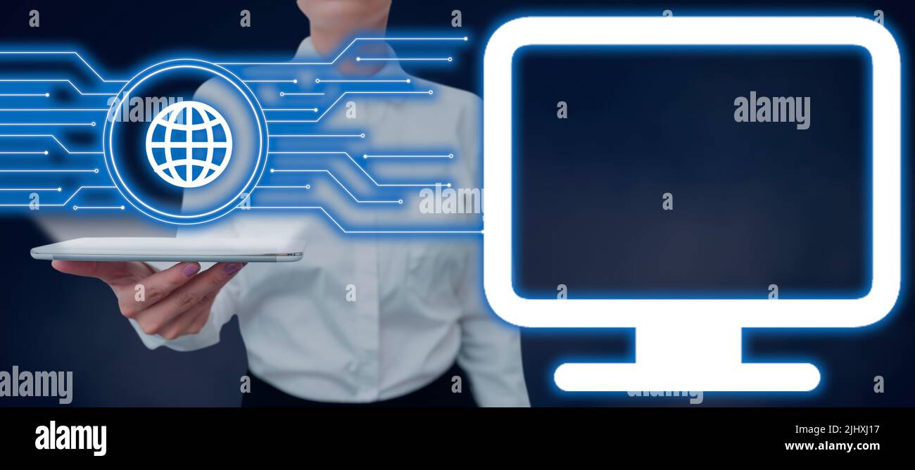 Businesswoman Holding Tablet Showing Glowing Lines With A Globe Symbol And Computer . Woman With Cellphone Presenting Crucial Information On Global Stock Photo