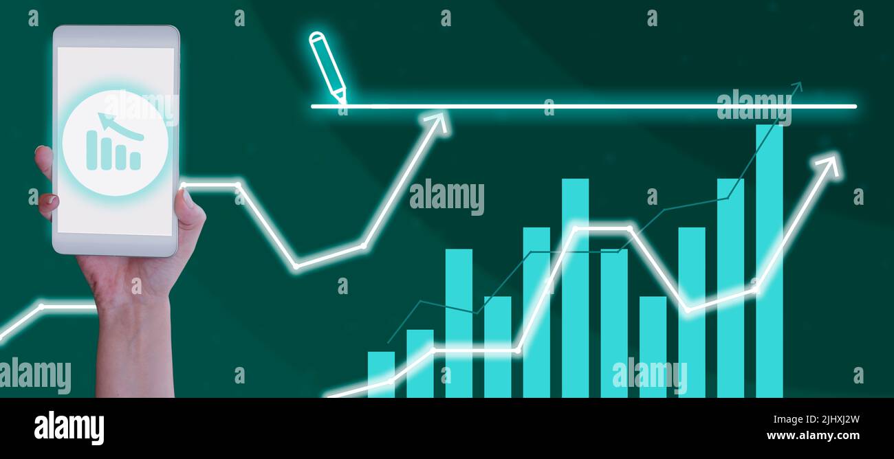 Businesswoman Hand Holding Smartphone Showing Digital Bar Graph With ...