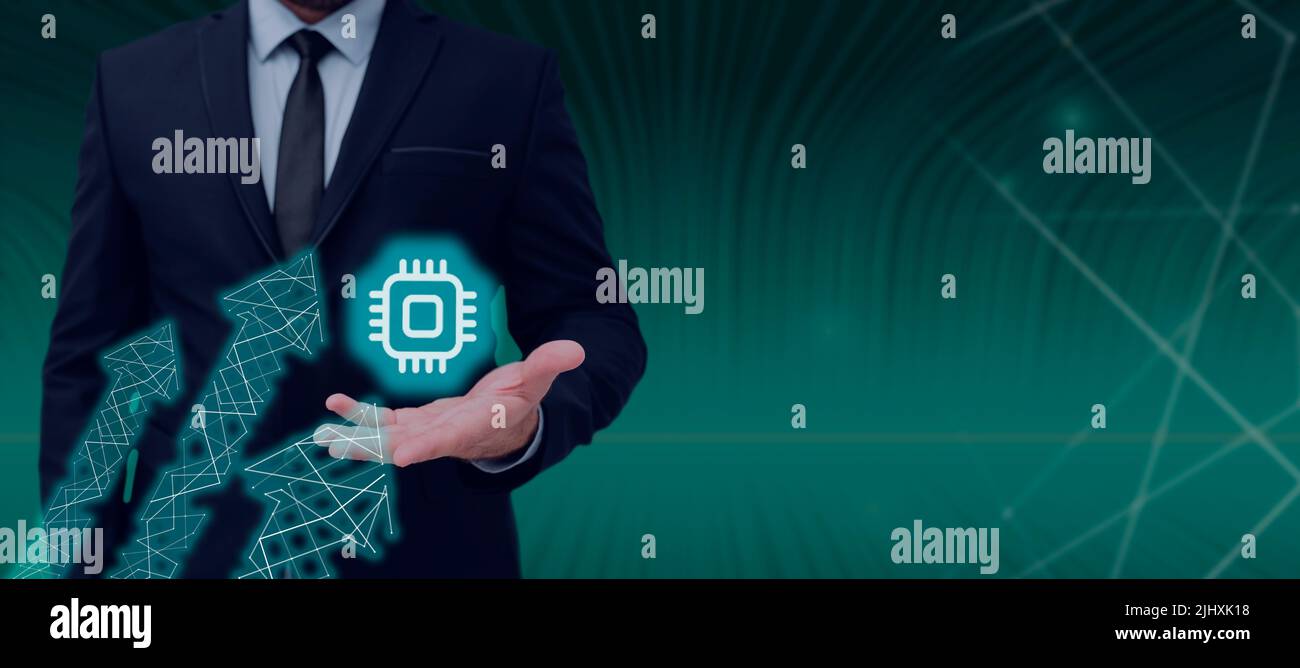Businessman With A Hand Presenting Arrows Going Up And A Microchip ...