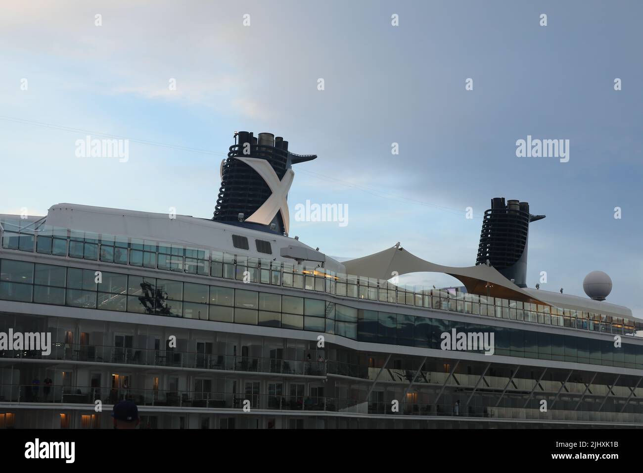 The large X on the smoke stack is the logo for Celebrity Cruise Lines