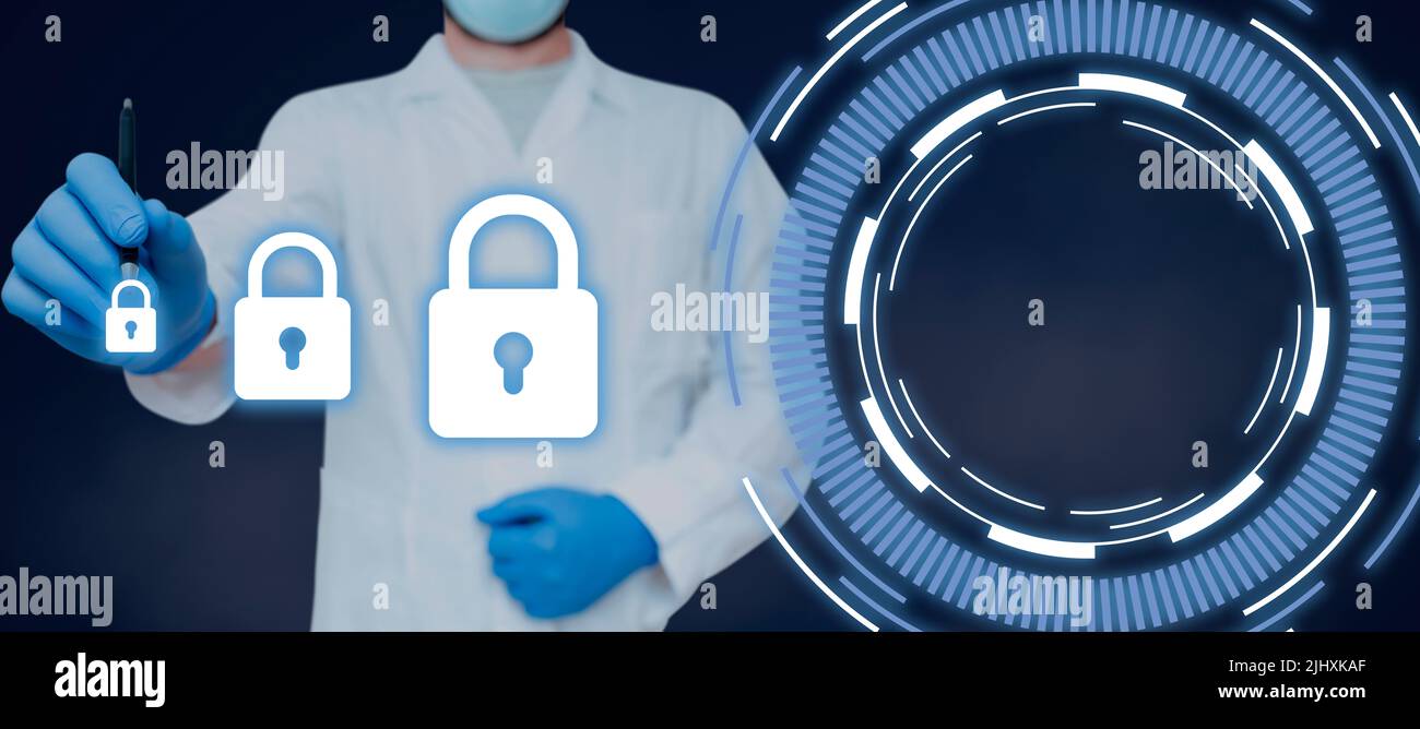 Doctor Holding Pen And Pointing On Digitally Generated Padlocks By Graphical Circle. Scientist Wearing Lab Coat And Glove Presenting Information On Stock Photo