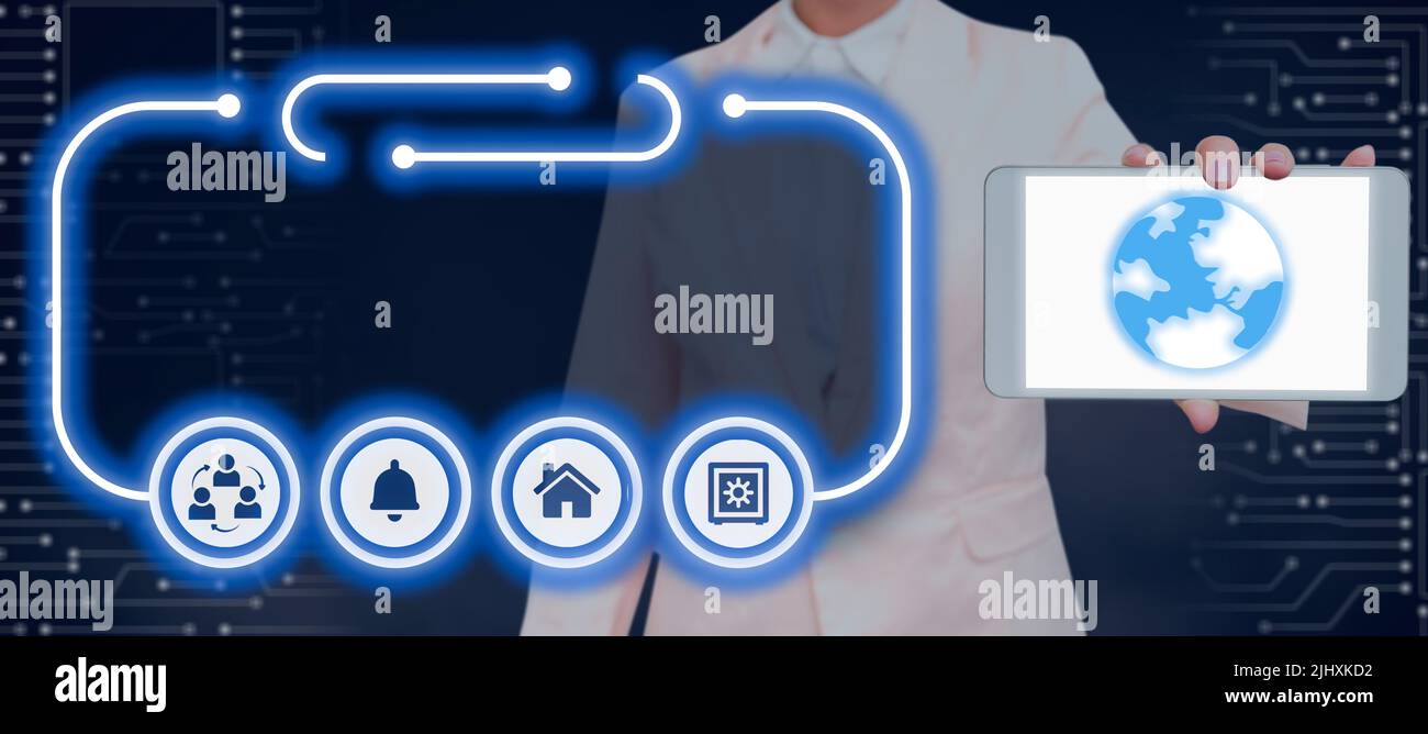 Businesswoman Showing Tablet With Globe And A Digital Display Of Glowing Symbols In Futuristic Frame. Woman With Cellphone Presenting Important Stock Photo