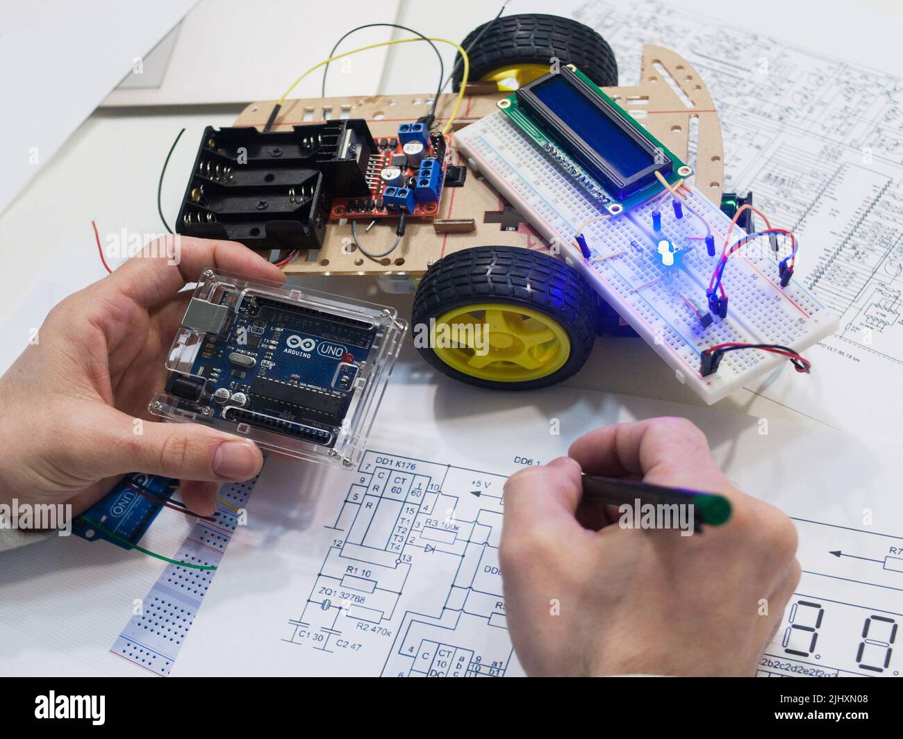 Robotics creation with arduino uno microcontroller Stock Photo