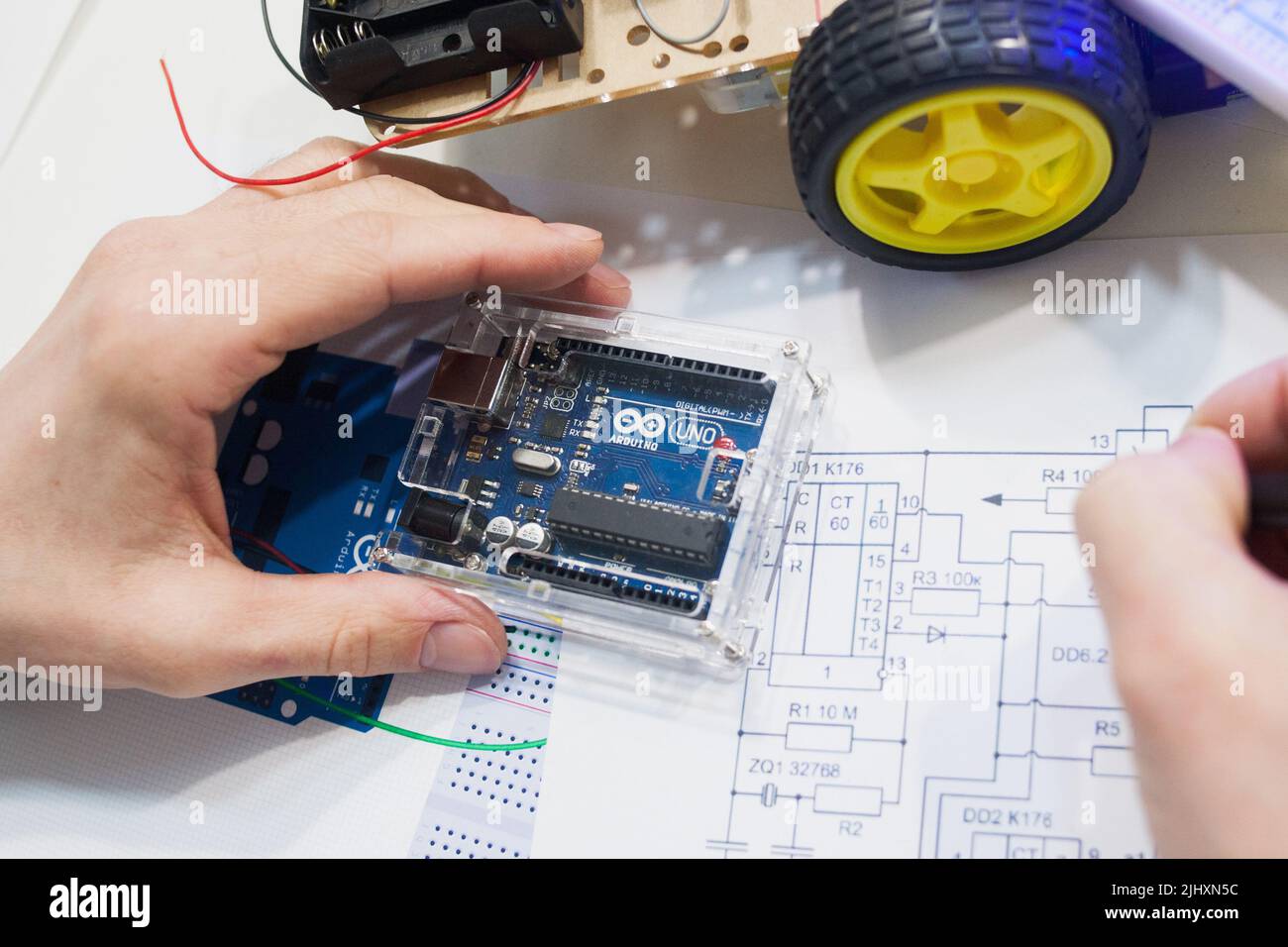 Robotics creation with arduino uno microcontroller Stock Photo