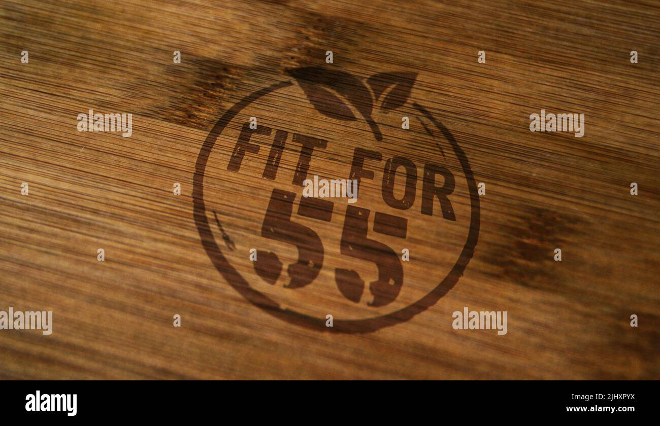 Fit for 55 stamp printed on wooden box. European Green Deal and reduce the greenhouse gas emissions concept. Stock Photo