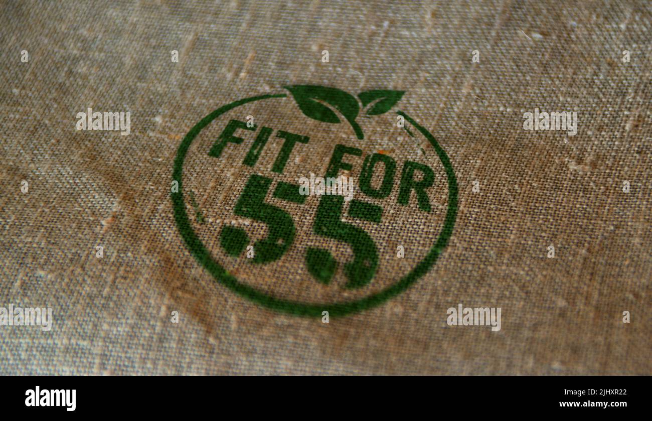 Fit for 55 stamp printed on linen sack. European Green Deal and reduce the greenhouse gas emissions concept. Stock Photo