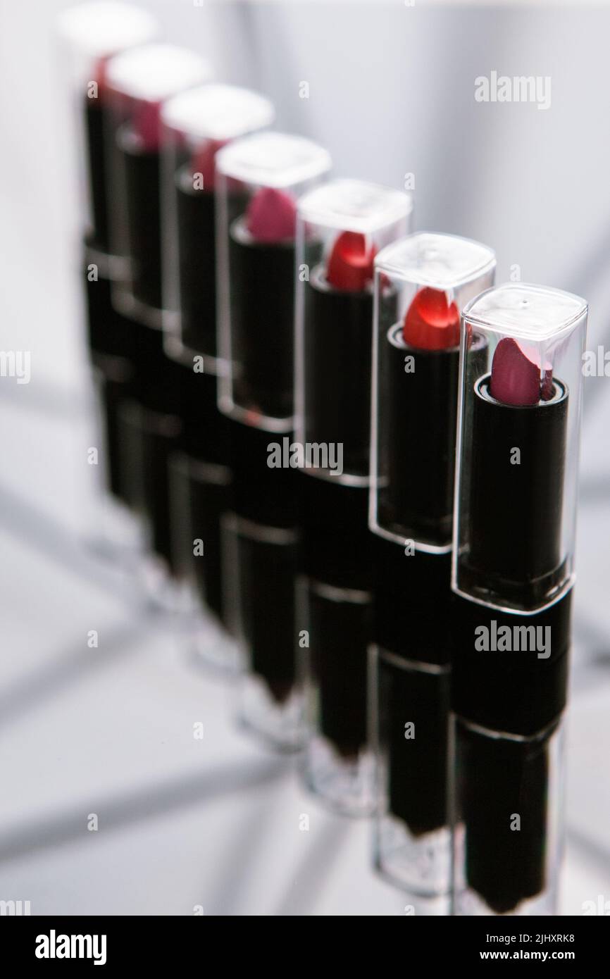 wide range women's lipsticks makeup artist Stock Photo