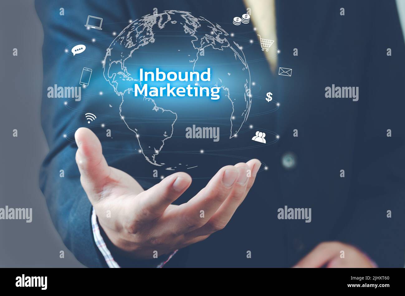 Man hand virtual world icon. Inbound marketing virtual screen. Business ...