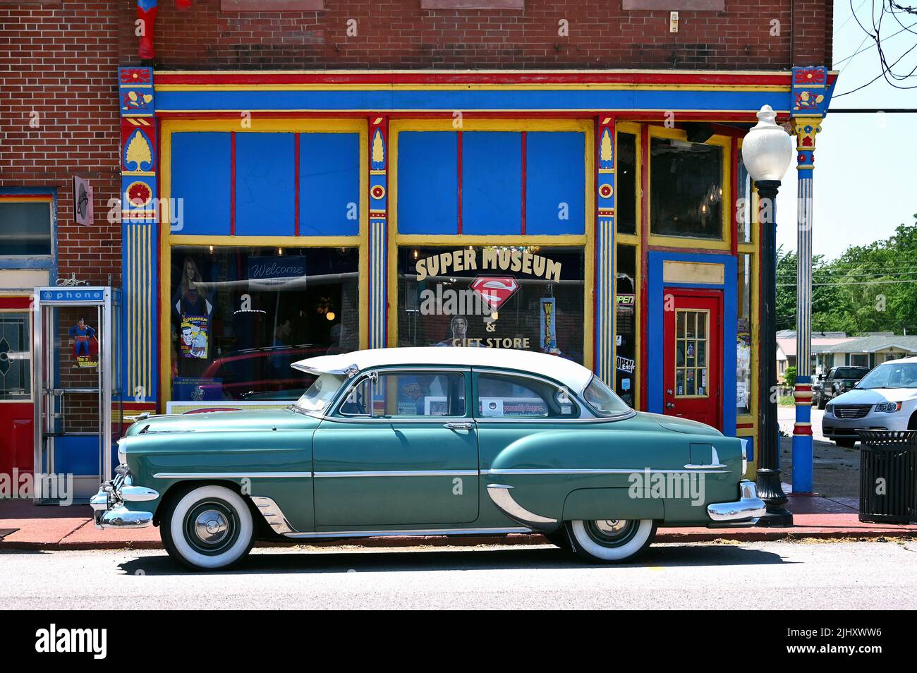 Vintage car in front of the Superman Museum in the historic district of Metropolis, Illinois, United States of America Stock Photo