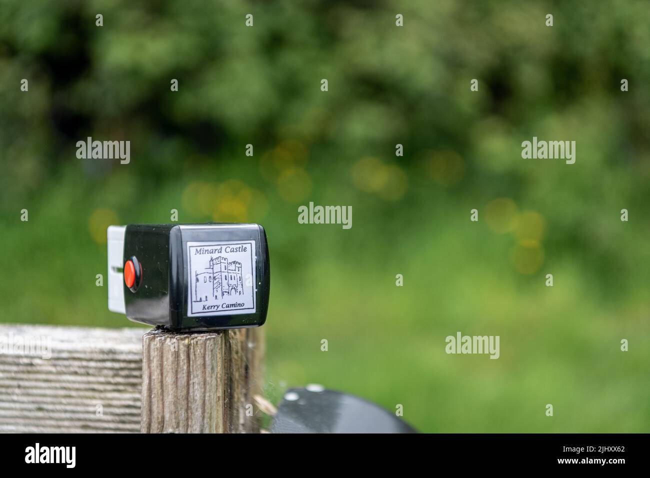 Passport stamp for Kerry Camino Long Distance Footpath at Minard Castle, Kilmurry, Ireland Stock Photo