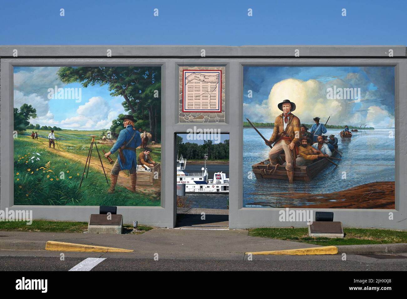 Historical motifs on a wall on the Ohio River, Paducah, Kentucky, United States of America Stock Photo