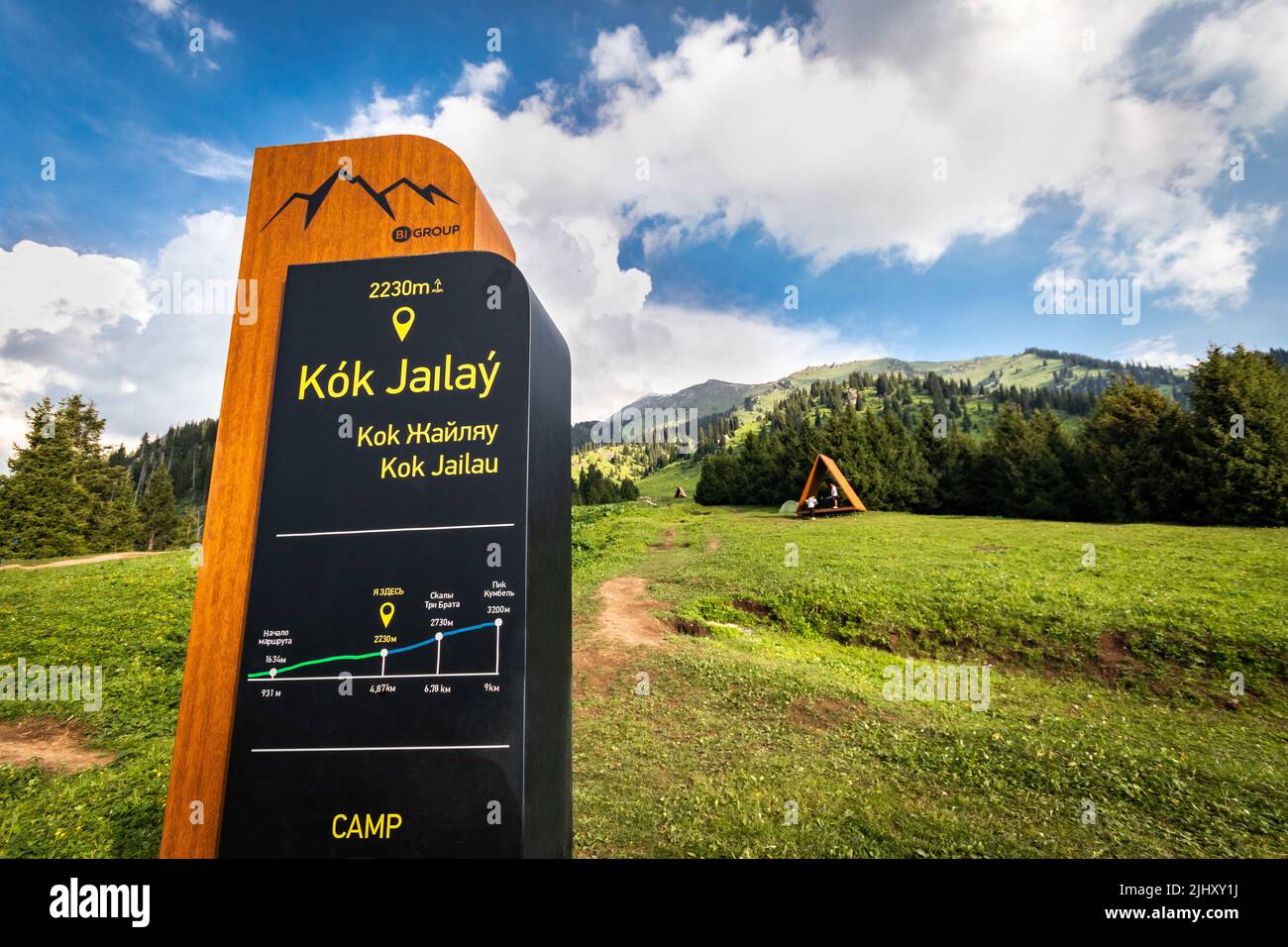 Tourist information stand in the picturesque Almaty tourist mountain ...