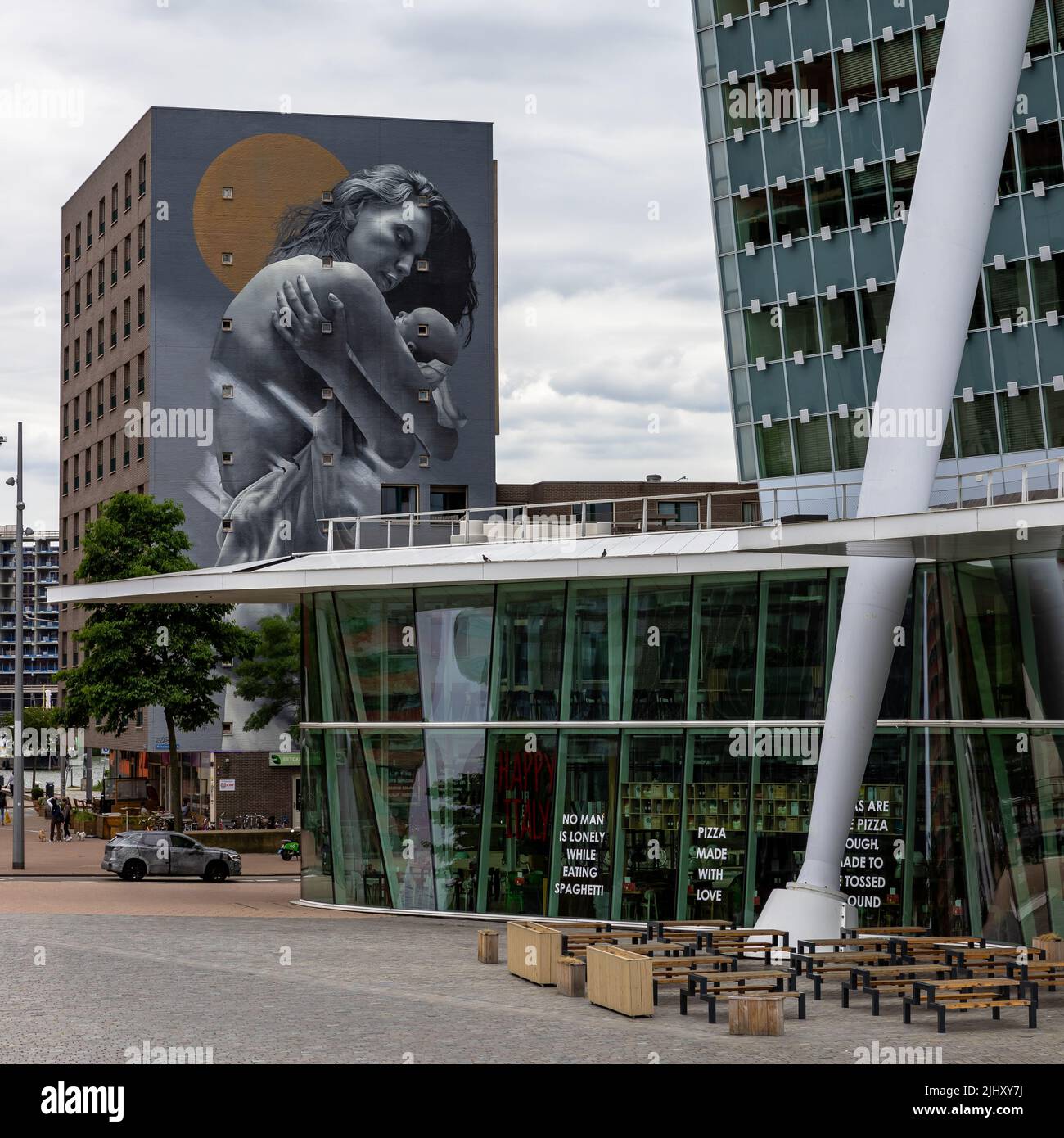 View on the Willemsplein with the mural of Judith de Leeuw (JDL Street Art), made for the KWF project 'voor het leven' Rotterdam, the Netherlands Stock Photo