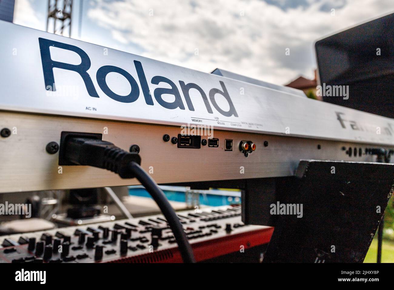Roland synthesizer installed on outdoor stage, ready for openair Stock ...