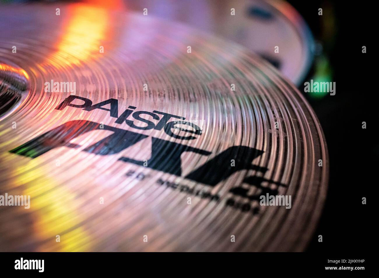 Paiste pst 5 close-up logo on ride cymbal on the drum set Stock Photo